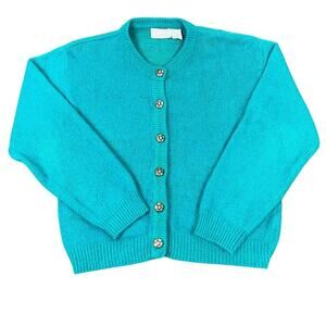Vintage Honors Cardigan Sweater Size M Silk Blend Teal Green Button Down